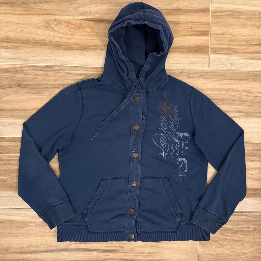 Lauren Ralph Lauren Womens Navy Blue Button Front Nautical Graphic Hoodie Large